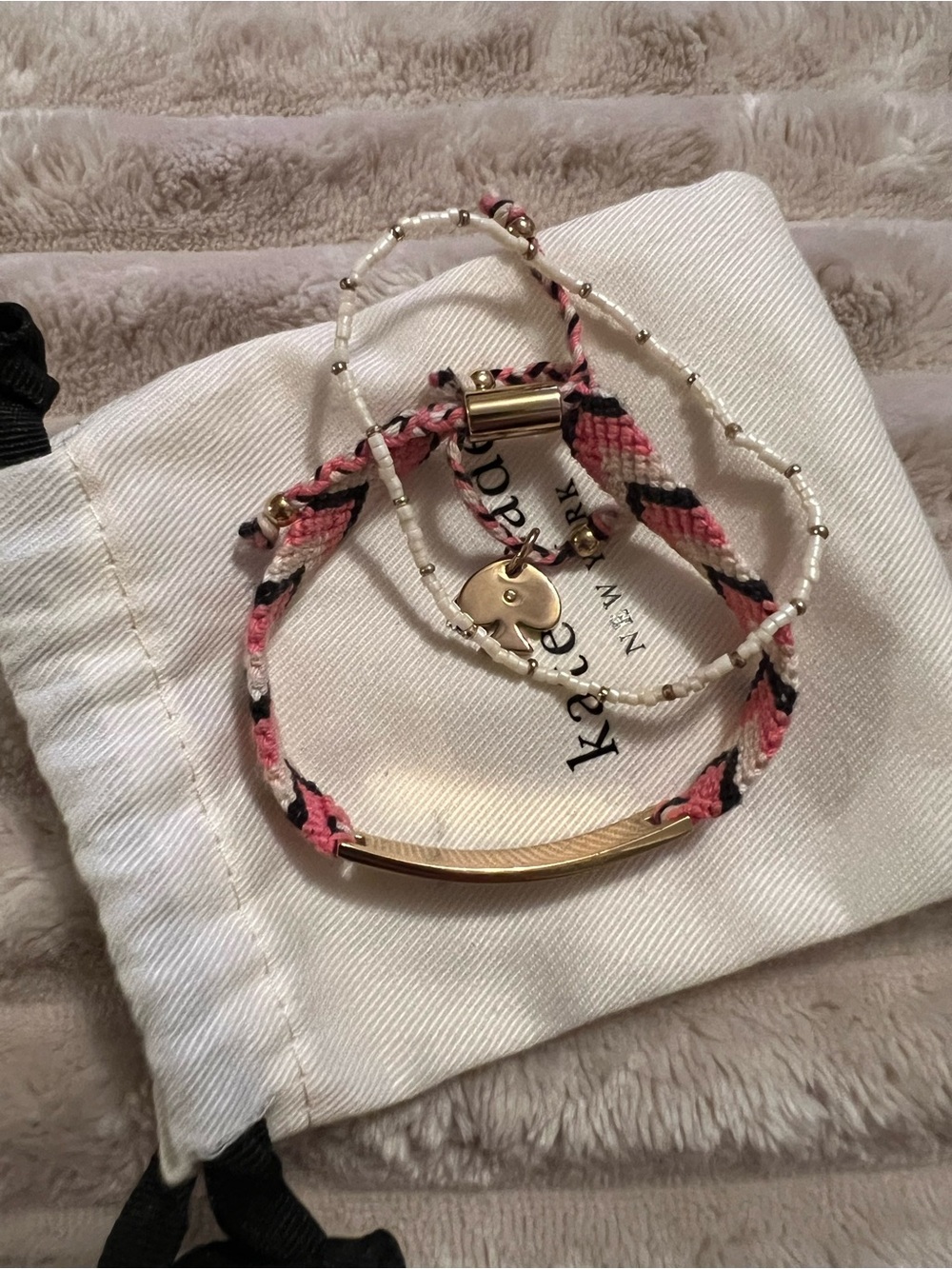 kate spade Pink, Black & Cream Braided Friendship Bracelet Set with Gold Accents